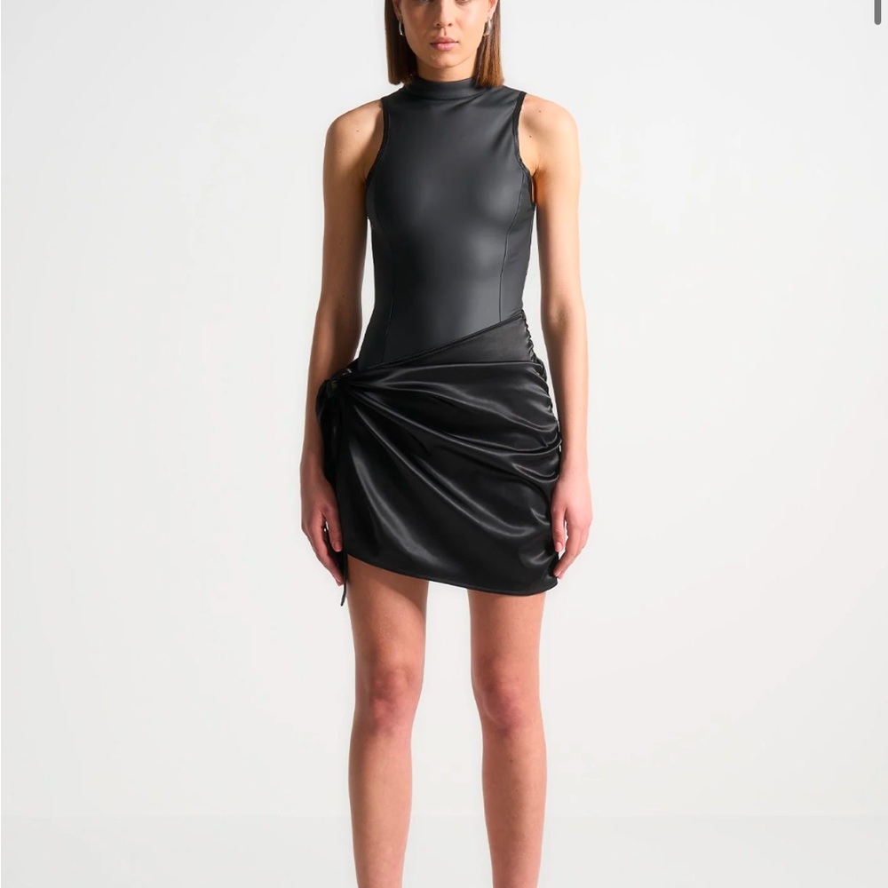 Leather & satin wrap bodycon dress